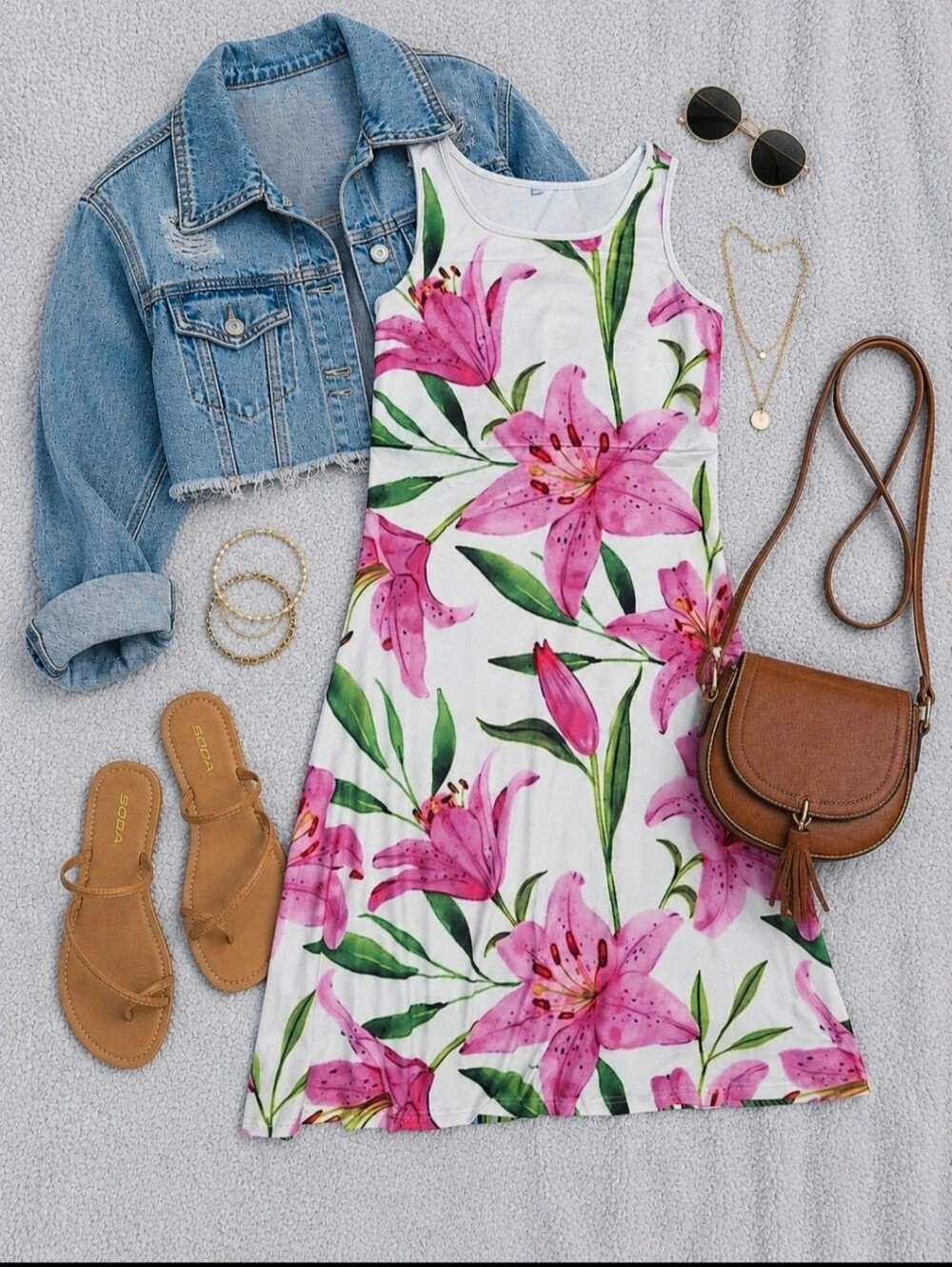 Women’s White Midi Tank Dress with Pink Lily Print
